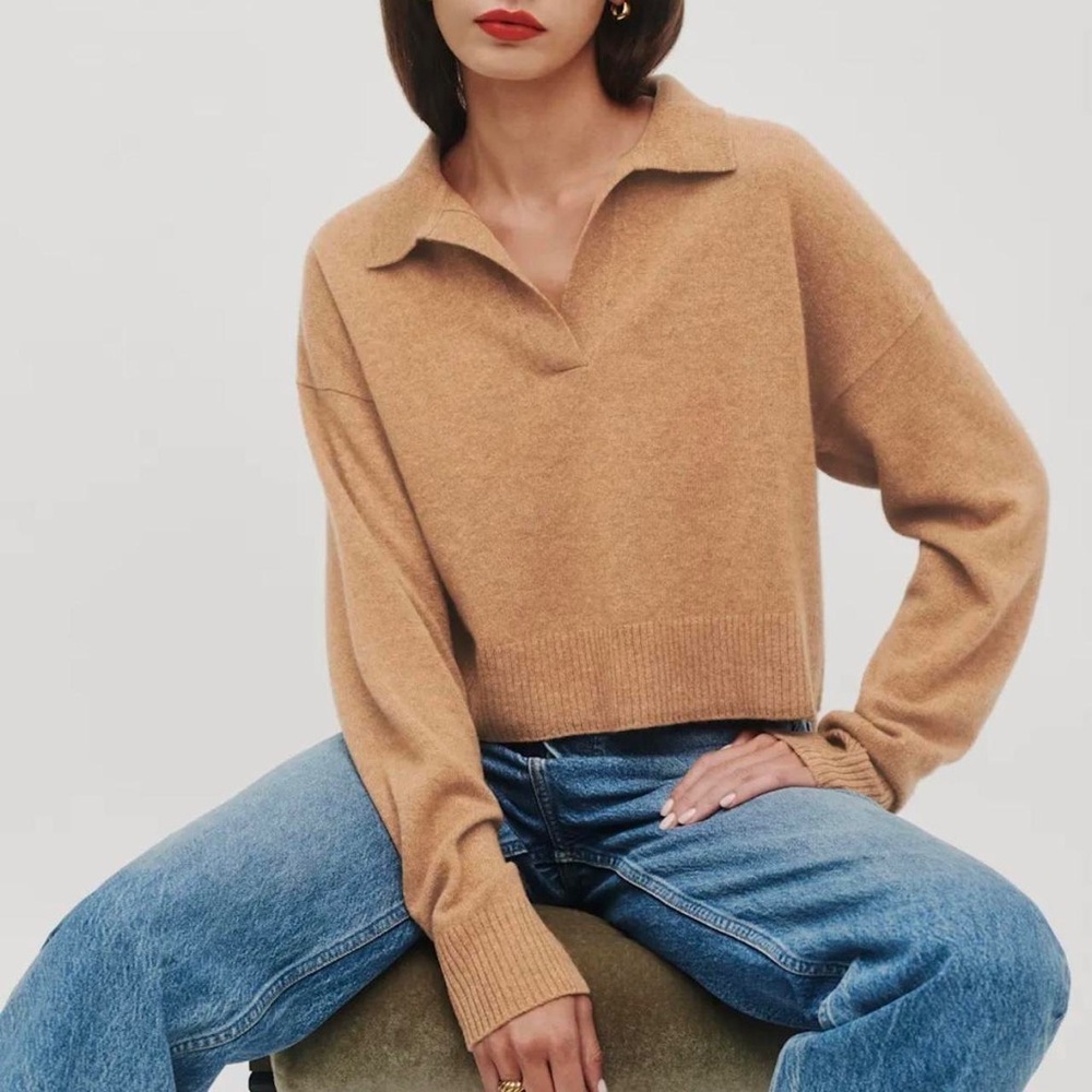 Reformation Camel Collar V-Neck Cashmere-Blend Sweater